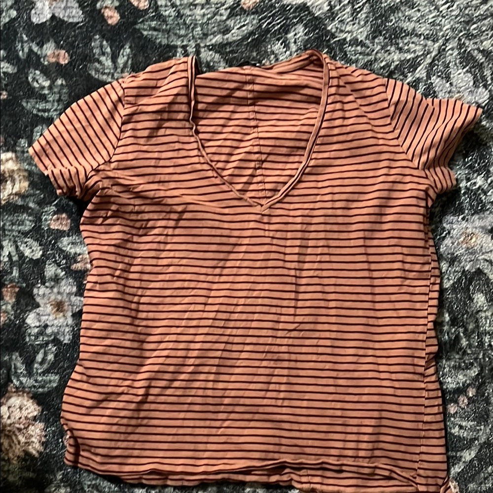 Zara Brown and Black Striped V-Neck Tee